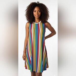 Mamie Ruth Women's Multicolor Rainbow Striped Swing Sleeveless Dress Small